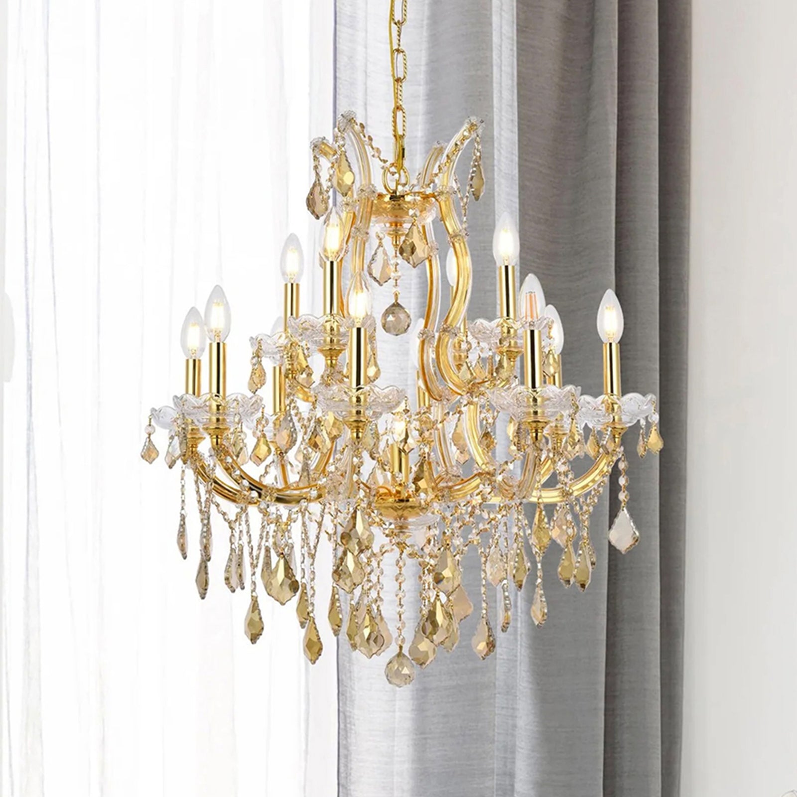 13 light Gold Chandelier Golden Teak (Smoky) Royal Cut Crystal Gold Finish - LIGHTING by Joshua Marshal