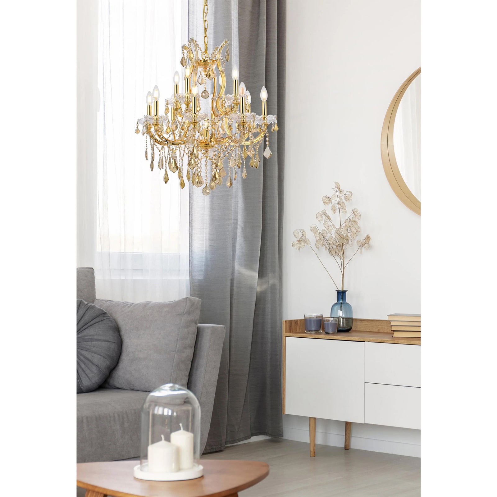 13 light Gold Chandelier Golden Teak (Smoky) Royal Cut Crystal - View 2 - Joshua Marshal