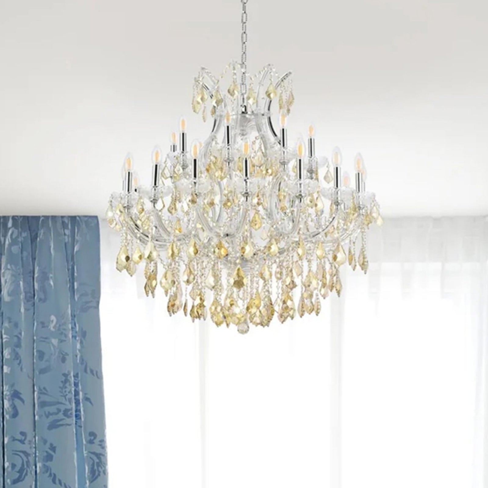 24 light Chrome Chandelier Golden Teak (Smoky) Royal Cut Crystal Chrome Finish - LIGHTING by Joshua Marshal