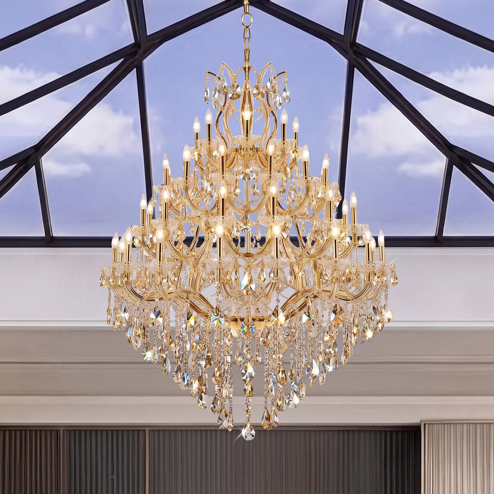 49 light Gold Chandelier Golden Teak (Smoky) Royal Cut Crystal Gold Finish - LIGHTING by Joshua Marshal