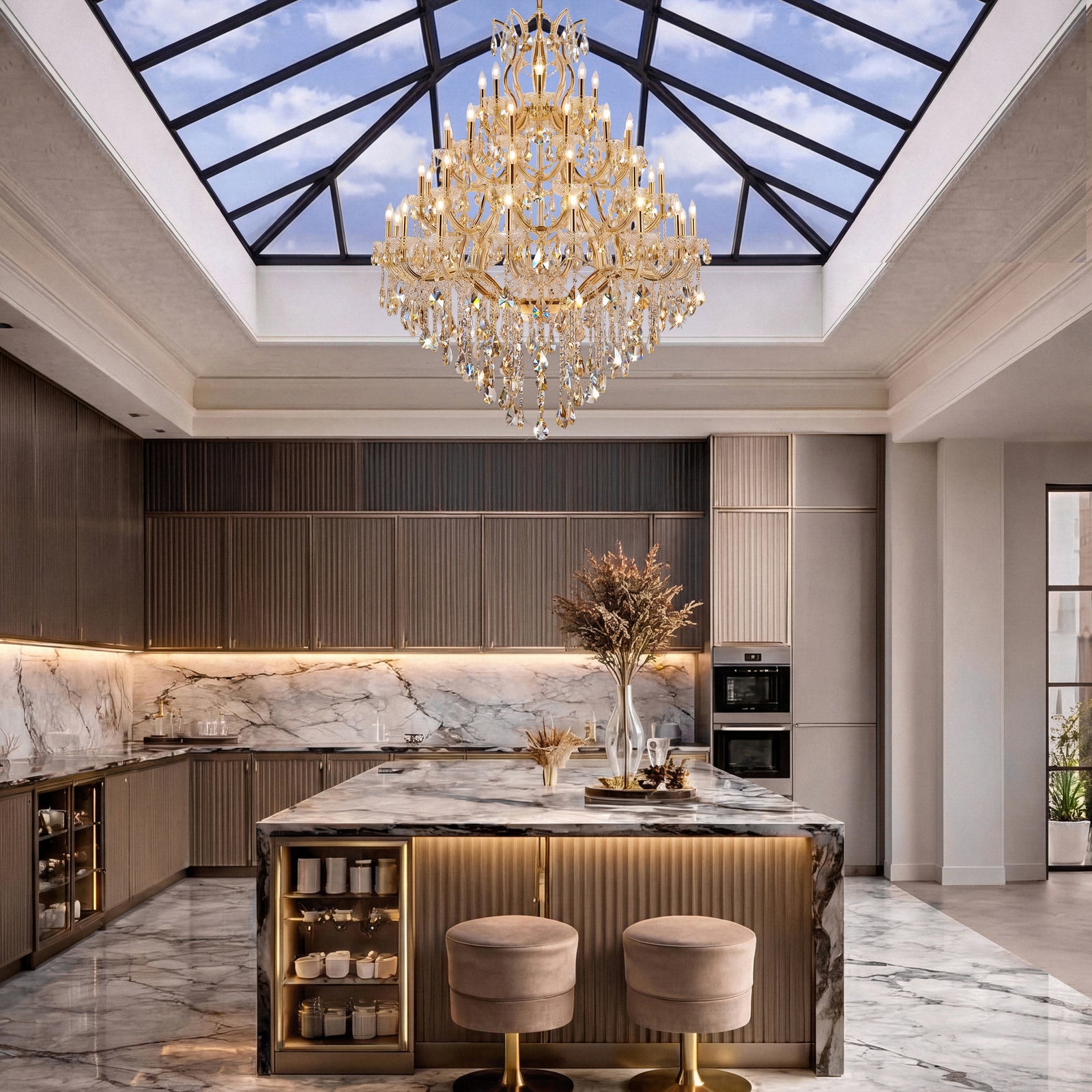 49 light Gold Chandelier Golden Teak (Smoky) Royal Cut Crystal - View 2 - Joshua Marshal