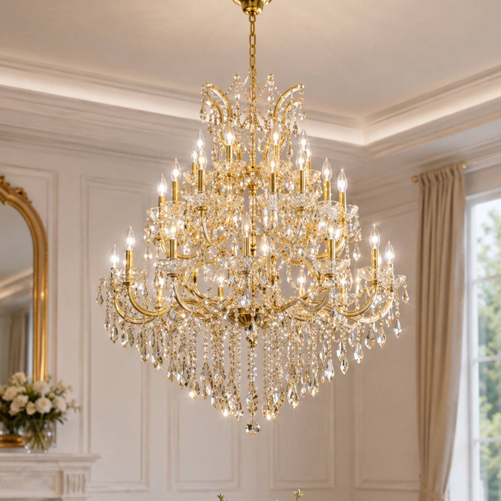41 light Gold Chandelier Golden Teak (Smoky) Royal Cut Crystal Gold Finish - LIGHTING by Joshua Marshal