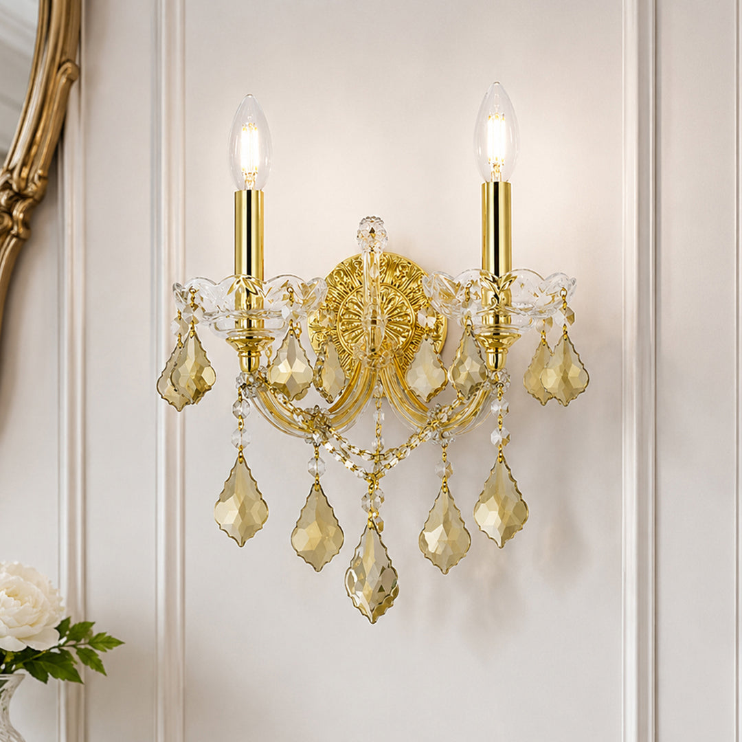 2 light Gold Wall Sconce Golden Teak (Smoky) Royal Cut Crystal Gold Finish - LIGHTING by Joshua Marshal
