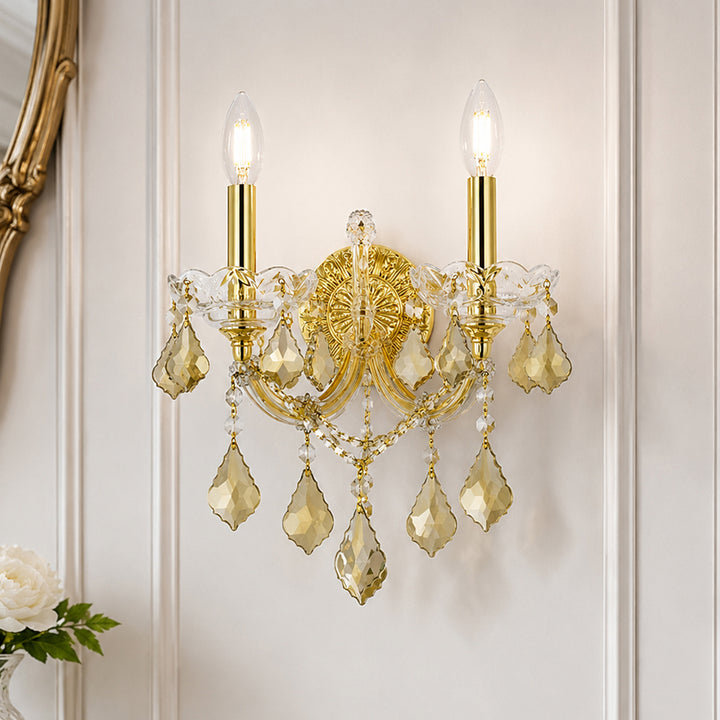 2 light Gold Wall Sconce Golden Teak (Smoky) Royal Cut Crystal Gold Finish - LIGHTING by Joshua Marshal