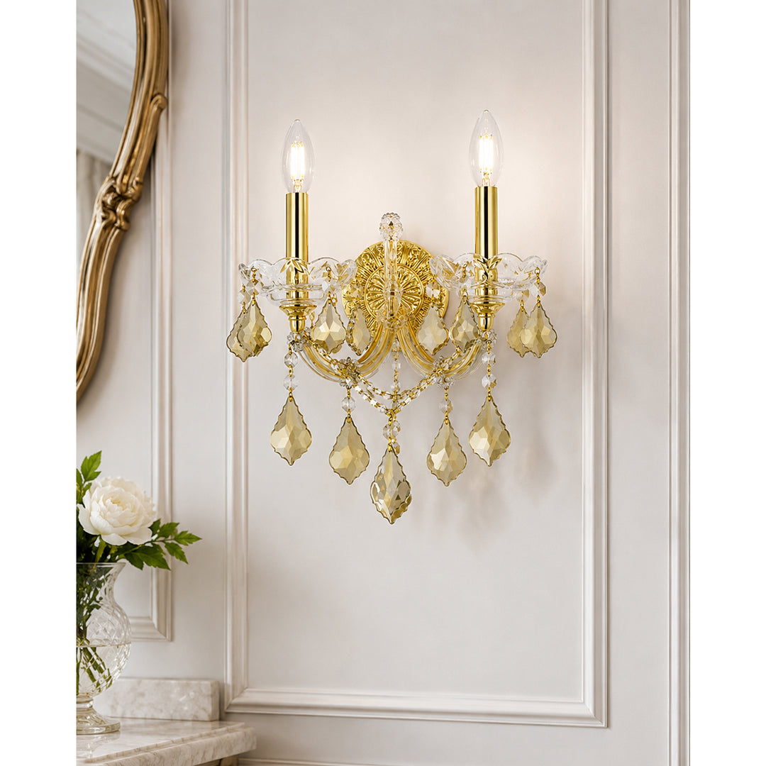 2 light Gold Wall Sconce Golden Teak (Smoky) Royal Cut Crystal - View 2 - Joshua Marshal