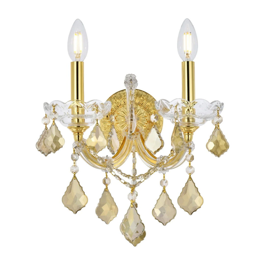 2 light Gold Wall Sconce Golden Teak (Smoky) Royal Cut Crystal - View 3 - Joshua Marshal