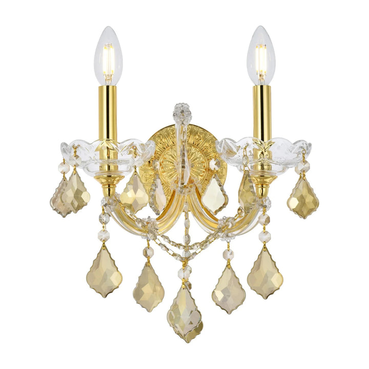 2 light Gold Wall Sconce Golden Teak (Smoky) Royal Cut Crystal - View 3 - Joshua Marshal
