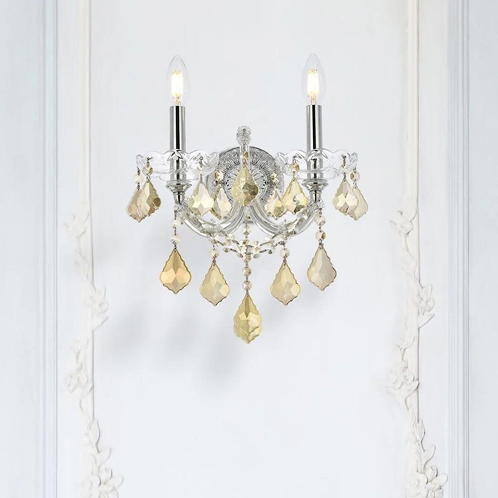 2 light Chrome Wall Sconce Golden Teak (Smoky) Royal Cut Crystal Chrome Finish - LIGHTING by Joshua Marshal
