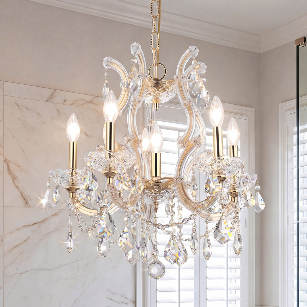 6 light Gold Pendant Golden Teak (Smoky) Royal Cut Crystal Gold Finish - LIGHTING by Joshua Marshal