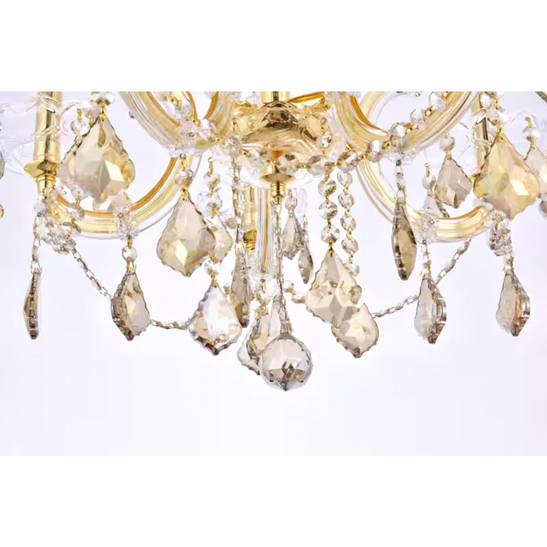 6 light Gold Pendant Golden Teak (Smoky) Royal Cut Crystal - View 6 - Joshua Marshal