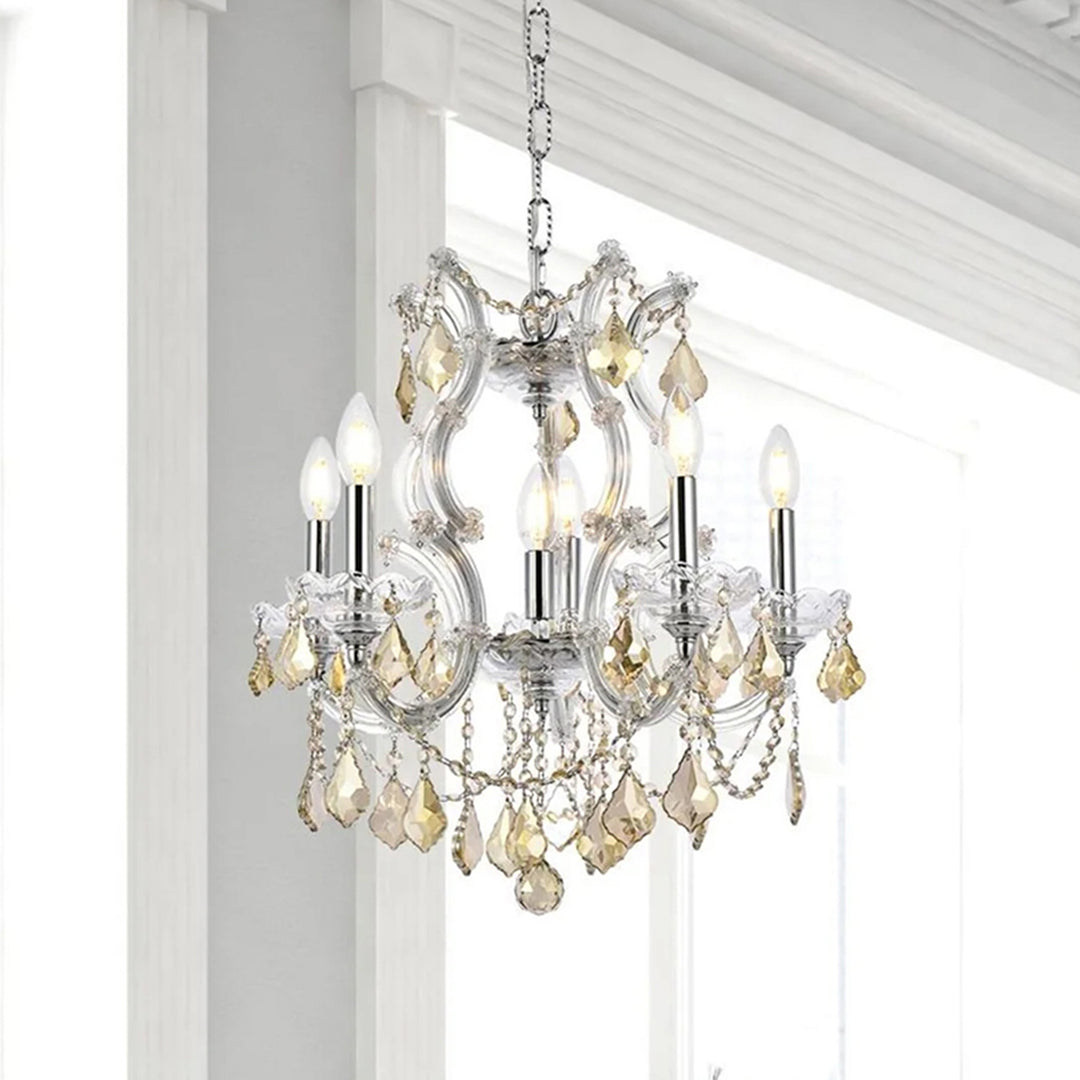 6 light Chrome Pendant Golden Teak (Smoky) Royal Cut Crystal Chrome Finish - LIGHTING by Joshua Marshal