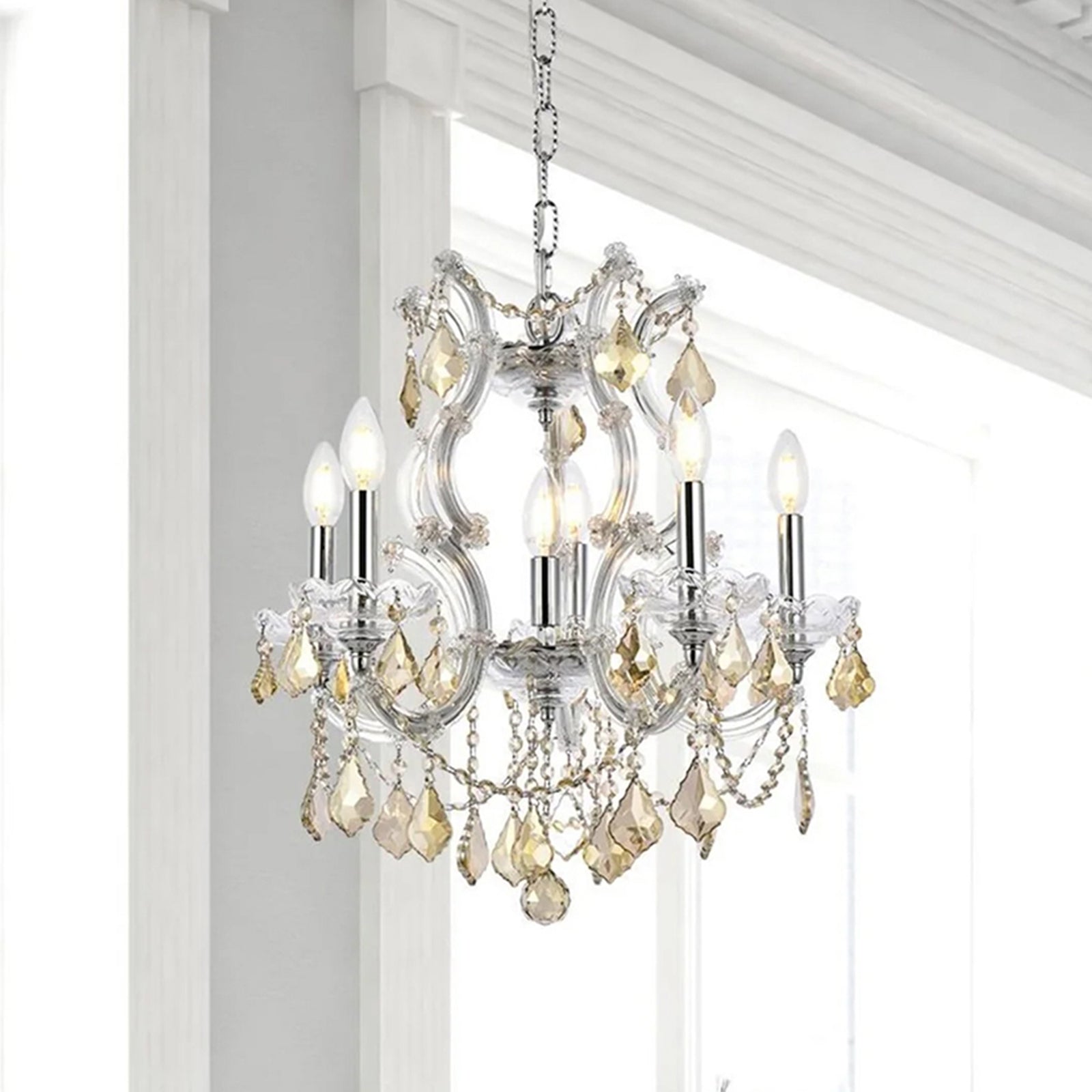 6 light Chrome Pendant Golden Teak (Smoky) Royal Cut Crystal Chrome Finish - LIGHTING by Joshua Marshal