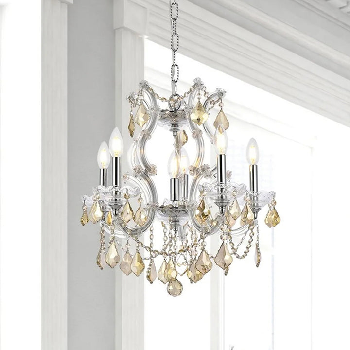 6 light Chrome Pendant Golden Teak (Smoky) Royal Cut Crystal Chrome Finish - LIGHTING by Joshua Marshal