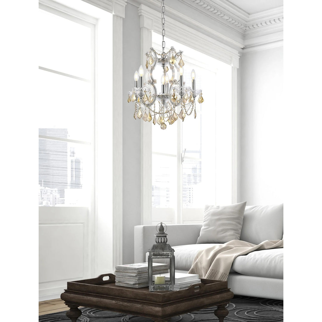 6 light Chrome Pendant Golden Teak (Smoky) Royal Cut Crystal - View 2 - Joshua Marshal