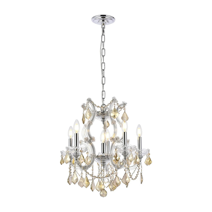 6 light Chrome Pendant Golden Teak (Smoky) Royal Cut Crystal - View 3 - Joshua Marshal