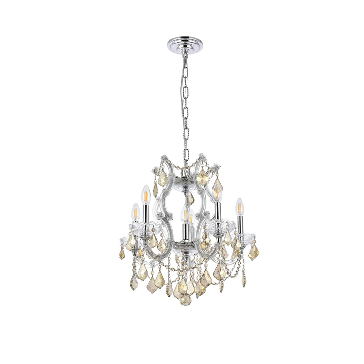 6 light Chrome Pendant Golden Teak (Smoky) Royal Cut Crystal - View 4 - Joshua Marshal