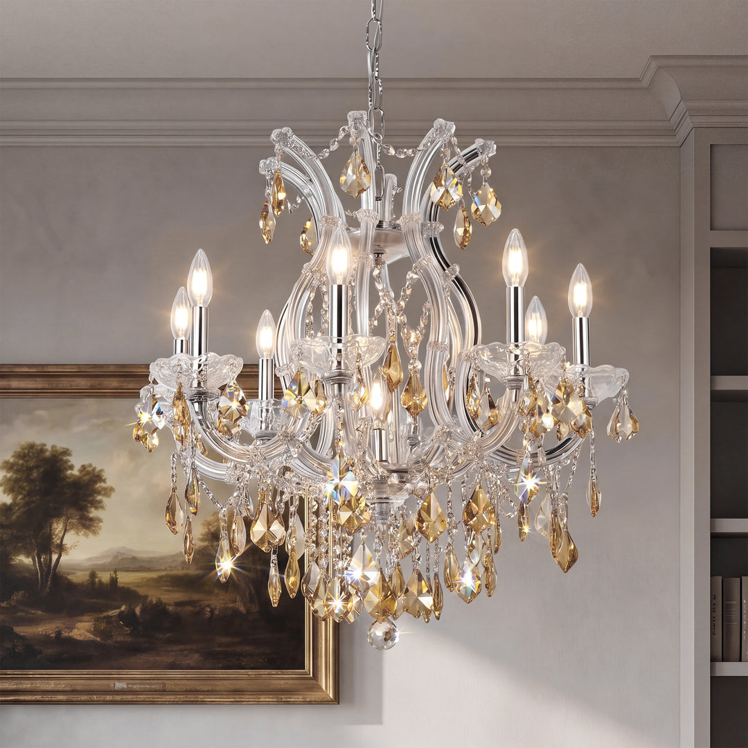 9 light Chrome Chandelier Golden Teak (Smoky) Royal Cut Crystal Chrome Finish - LIGHTING by Joshua Marshal