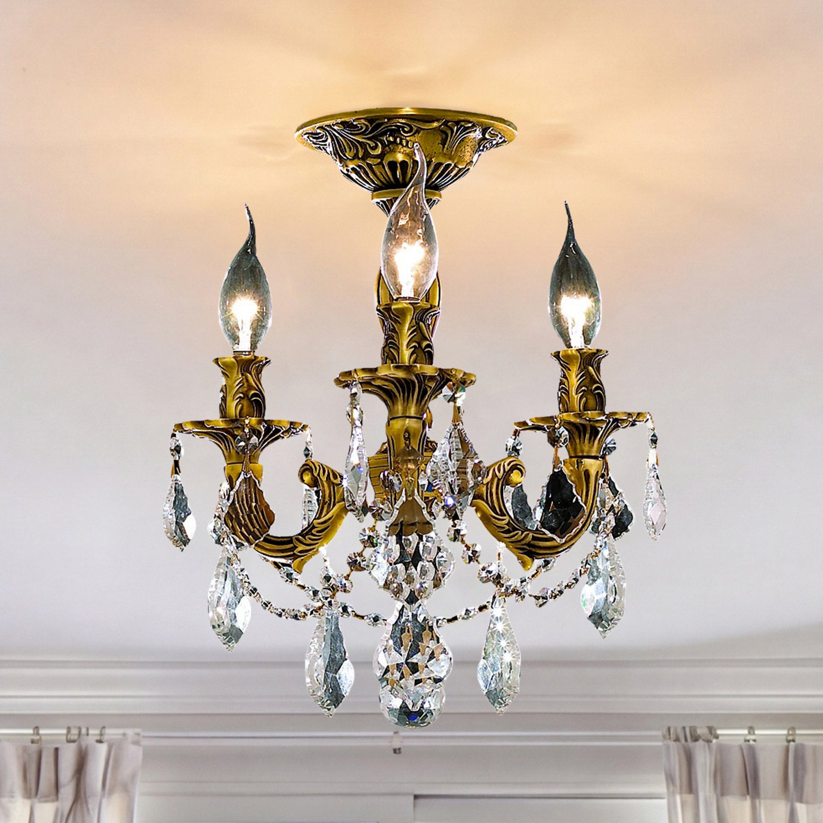 3 light French Gold Flush Mount Clear Royal Cut Crystal French Gold Finish - LIGHTING by Joshua Marshal