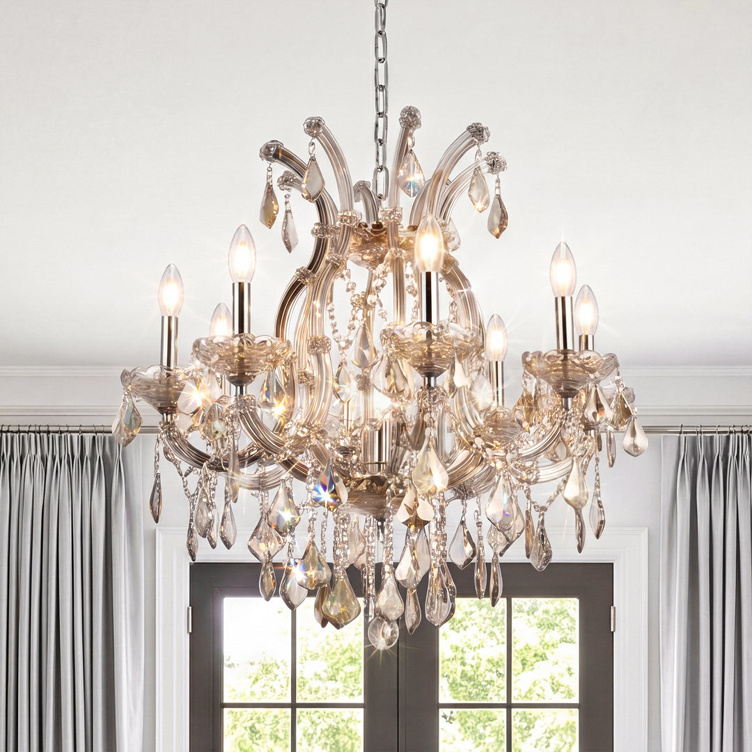 9 light Golden Teak Chandelier Golden Teak (Smoky) Royal Cut Crystal Gold Finish - LIGHTING by Joshua Marshal