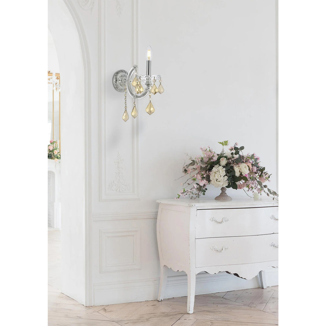 1 light Chrome Wall Sconce Golden Teak (Smoky) Royal Cut Crystal - View 2 - Joshua Marshal