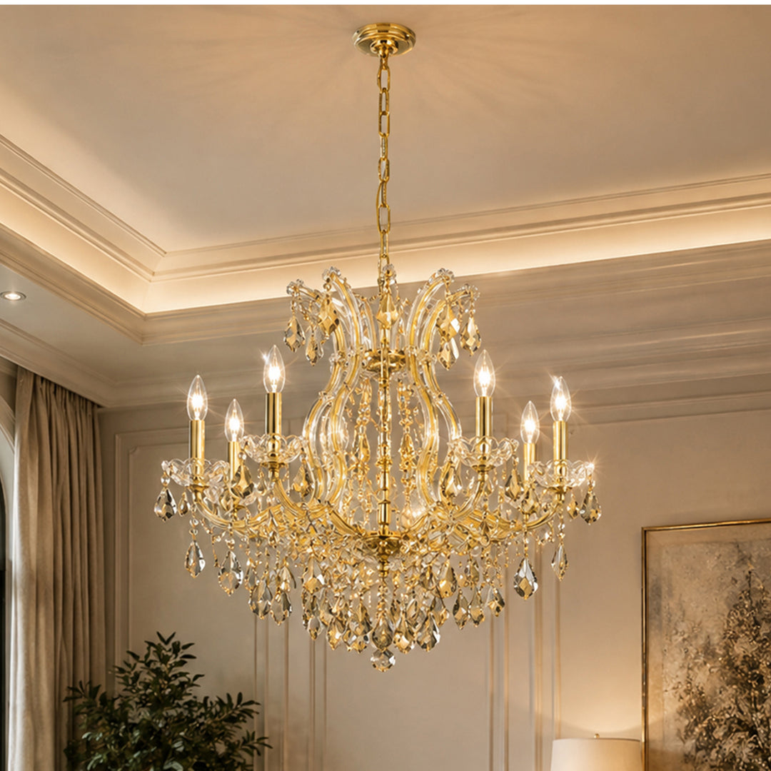 9 light Gold Chandelier Golden Teak (Smoky) Royal Cut Crystal Gold Finish - LIGHTING by Joshua Marshal