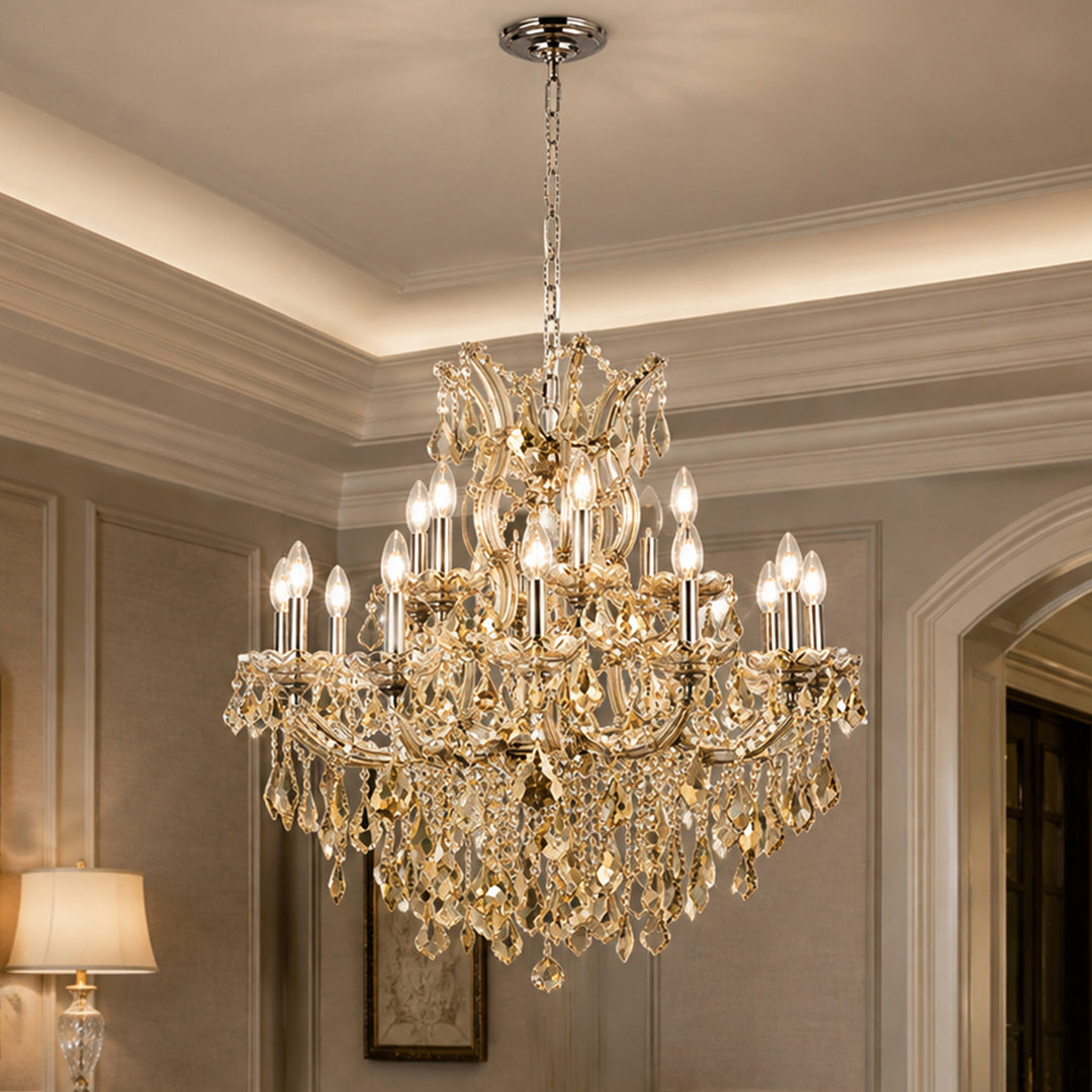 19 light Golden Teak Chandelier Golden Teak (Smoky) Royal Cut Crystal Gold Finish - LIGHTING by Joshua Marshal