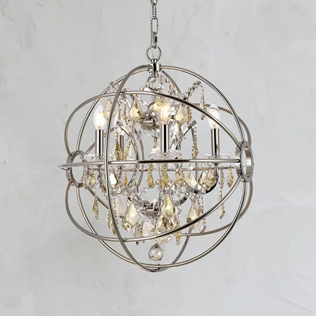 5 light polished nickel Pendant Golden Teak (Smoky) Royal Cut crystal Polished Nickel Finish - LIGHTING by Joshua Marshal