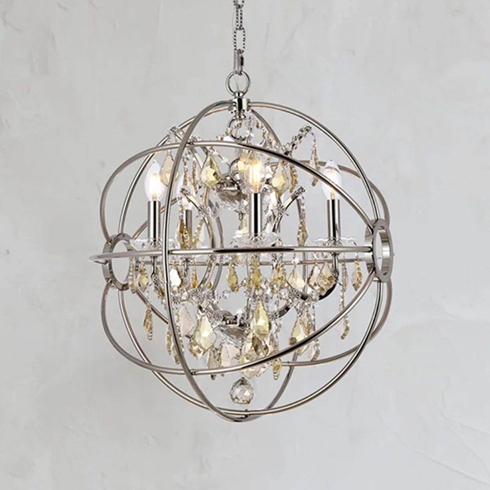 5 light polished nickel Pendant Golden Teak (Smoky) Royal Cut crystal Polished Nickel Finish - LIGHTING by Joshua Marshal