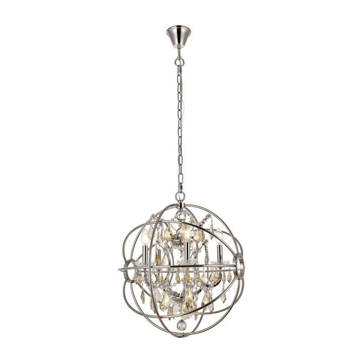5 light polished nickel Pendant Golden Teak (Smoky) Royal Cut crystal - View 3 - Joshua Marshal