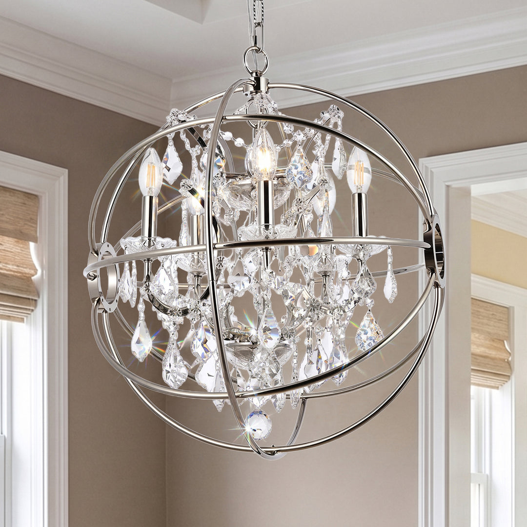 5 light polished nickel Pendant Clear Royal Cut crystal