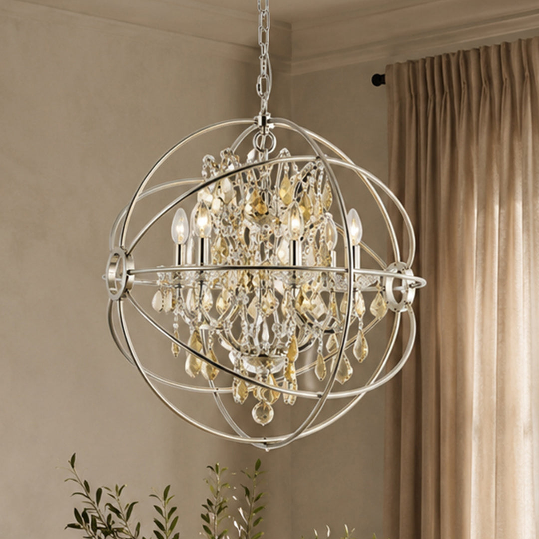 6 light polished nickel Chandelier Golden Teak (Smoky) Royal Cut crystal Polished Nickel Finish - LIGHTING by Joshua Marshal