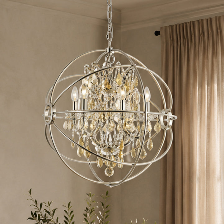 6 light polished nickel Chandelier Golden Teak (Smoky) Royal Cut crystal Polished Nickel Finish - LIGHTING by Joshua Marshal