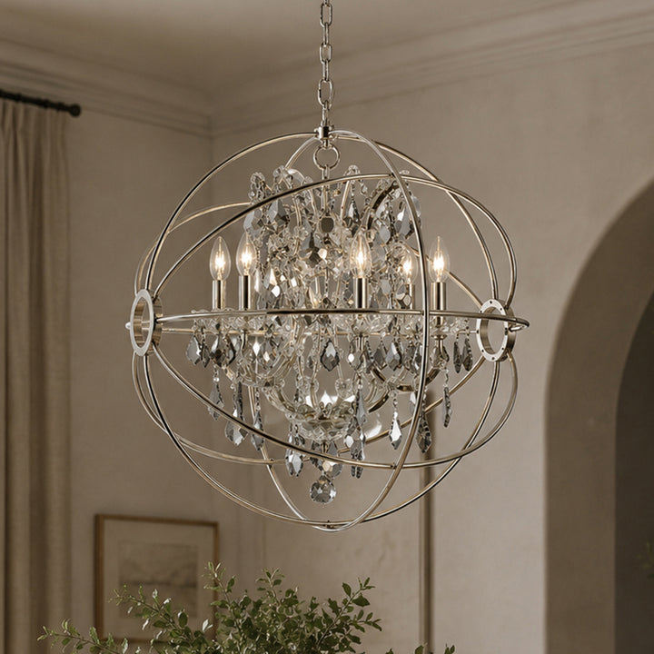 6 light polished nickel Chandelier Silver Shade (Grey) Royal Cut crystal Polished Nickel Finish - LIGHTING by Joshua Marshal