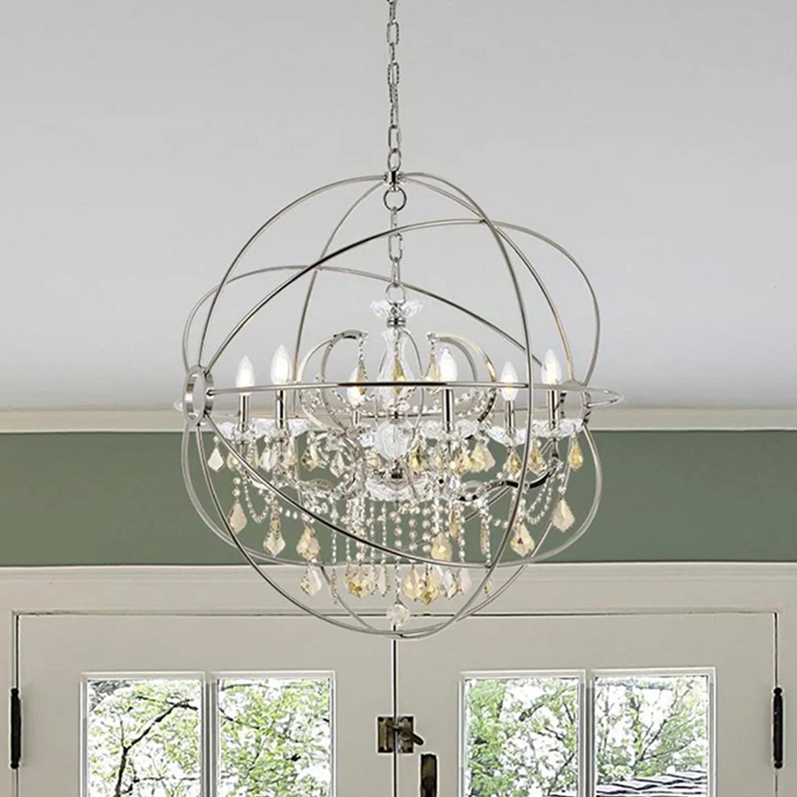 6 light polished nickel Chandelier Golden Teak (Smoky) Royal Cut crystal Polished Nickel Finish - LIGHTING by Joshua Marshal