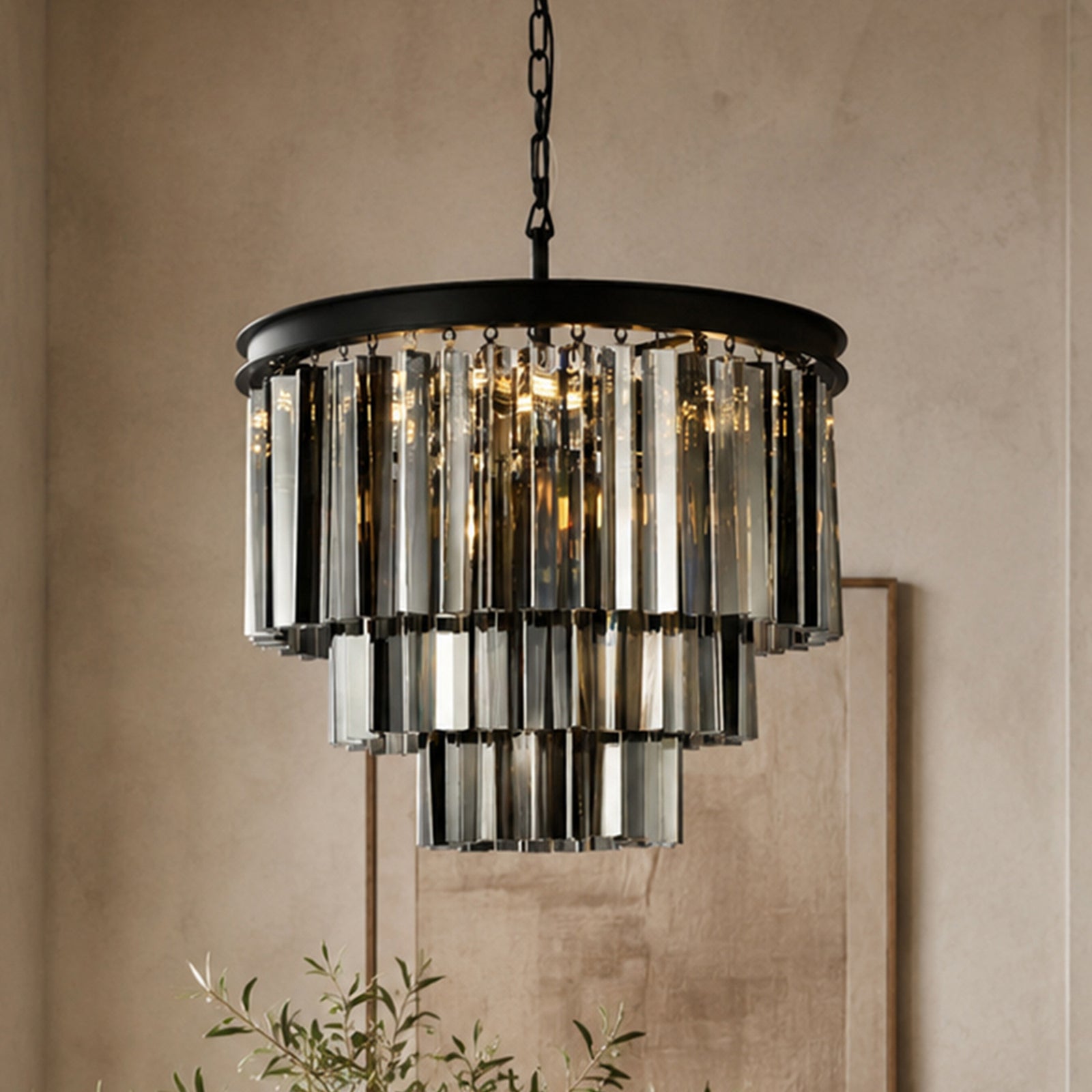 9 light Matte Black Chandelier Silver Shade (Grey) Royal Cut Crystal Mocha Brown Finish - LIGHTING by Joshua Marshal