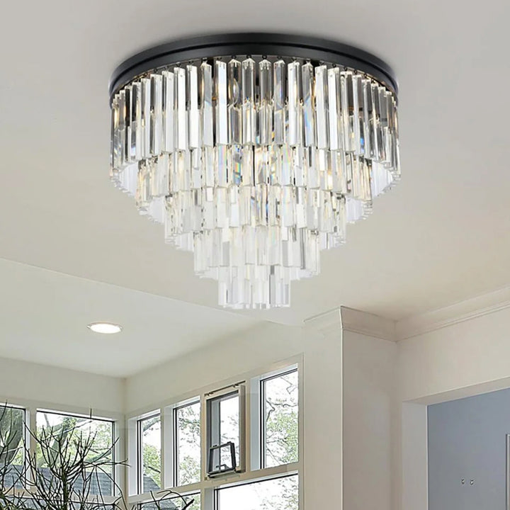 17 light Matte Black Flush Mount Clear Royal Cut Crystal Mocha Brown Finish - LIGHTING by Joshua Marshal