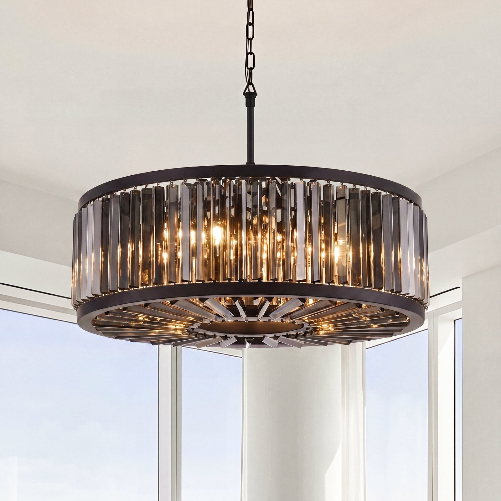10 light Matte Black Chandelier Silver Shade (Grey) Royal Cut Crystal Mocha Brown Finish - LIGHTING by Joshua Marshal