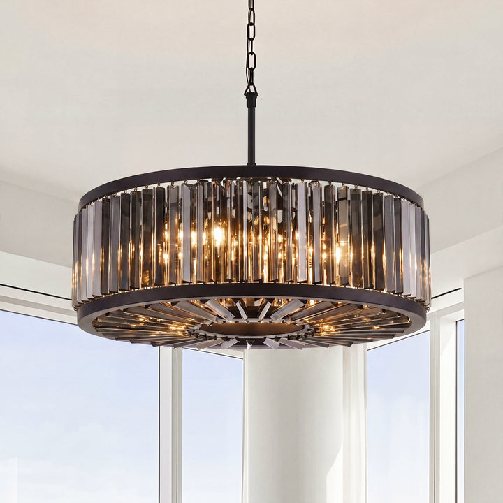 10 light Matte Black Chandelier Silver Shade (Grey) Royal Cut Crystal Mocha Brown Finish - LIGHTING by Joshua Marshal