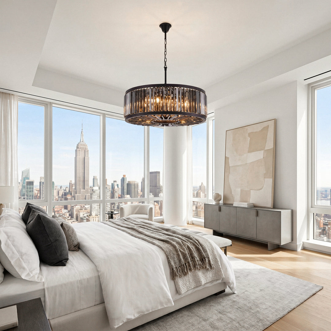 10 light Matte Black Chandelier Silver Shade (Grey) Royal Cut Crystal - View 2 - Joshua Marshal