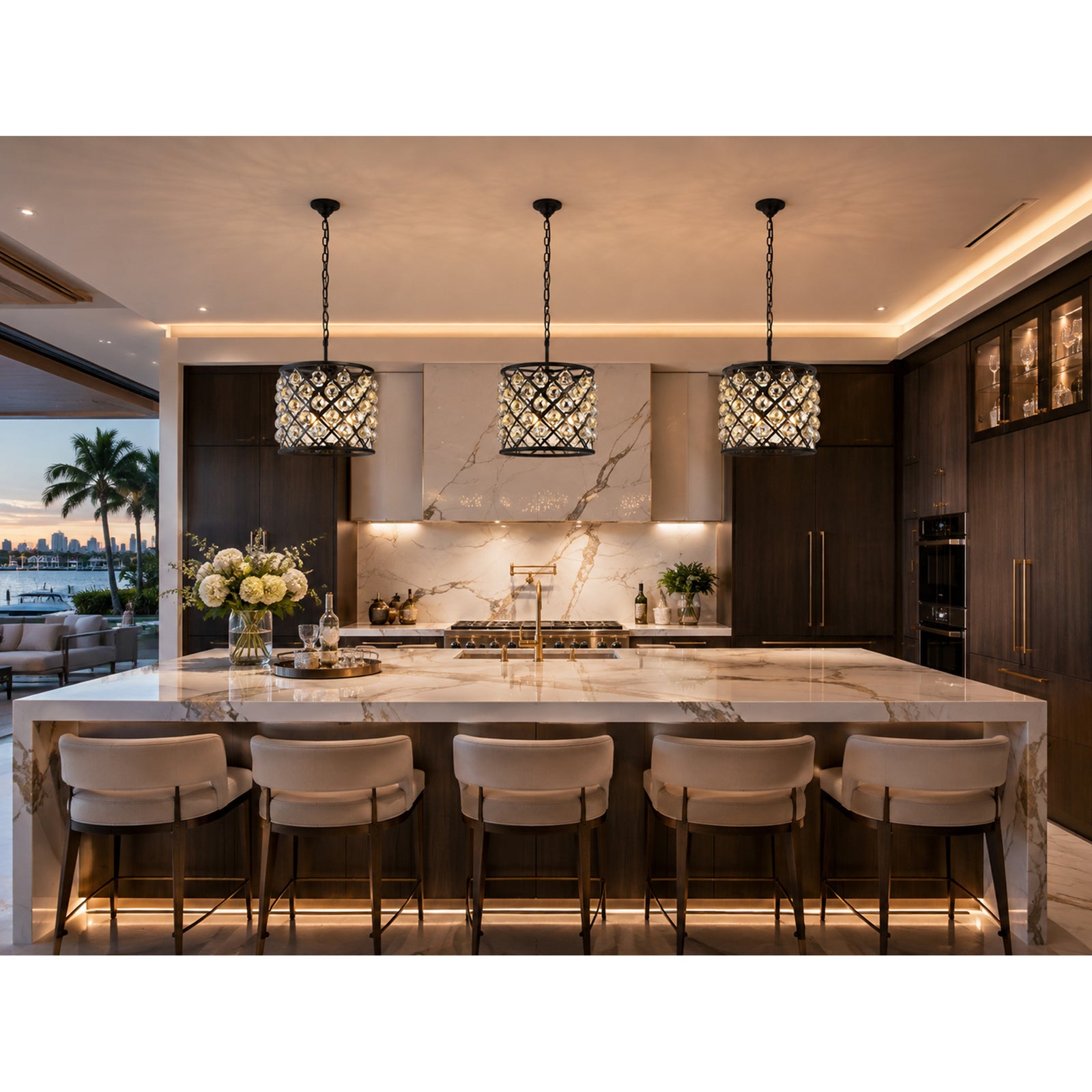 4 light Matte Black Pendant Golden Teak (Smoky) Royal Cut Crystal - View 2 - Joshua Marshal
