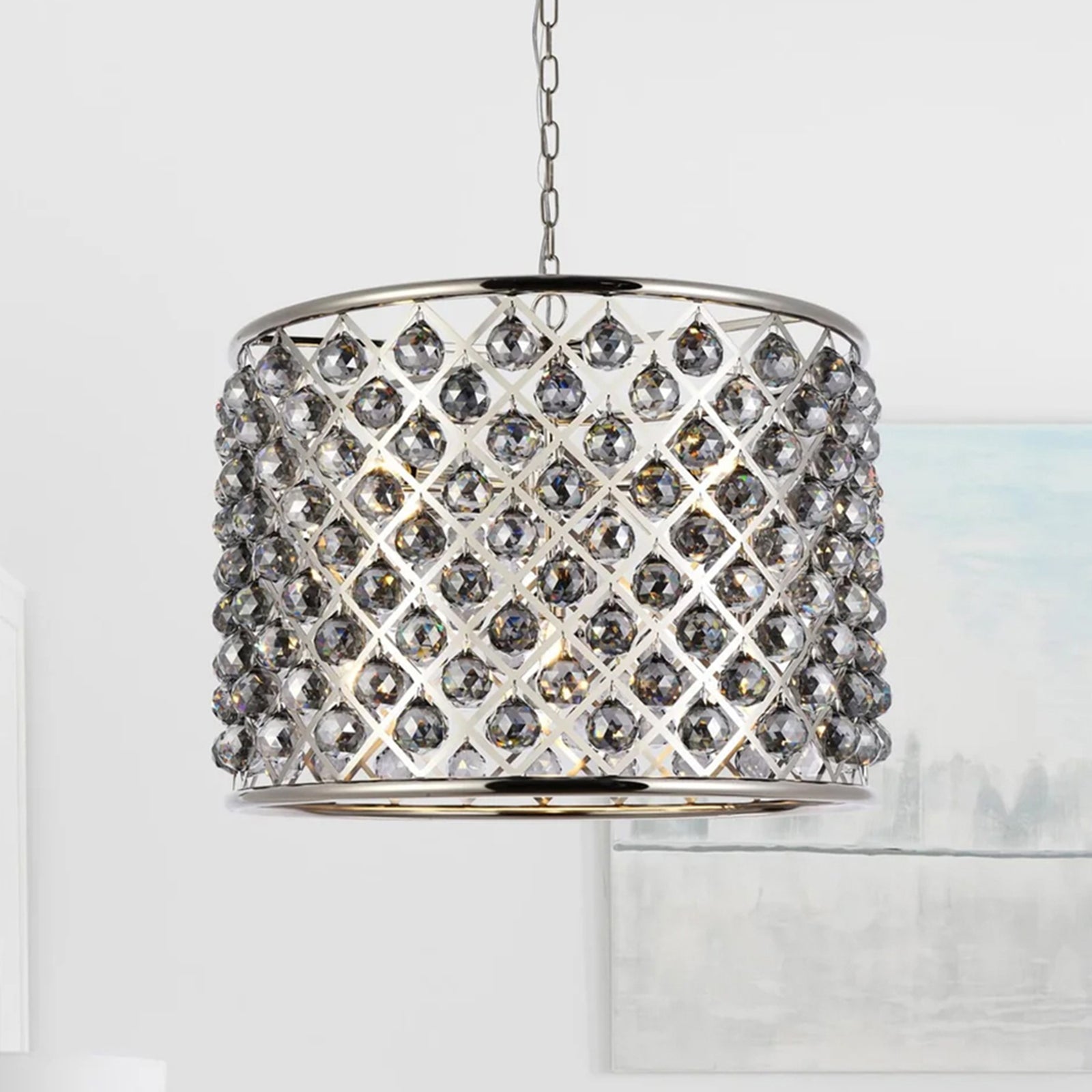 8 light polished nickel Chandelier Silver Shade (Grey) Royal Cut Crystal Polished Nickel Finish - LIGHTING by Joshua Marshal