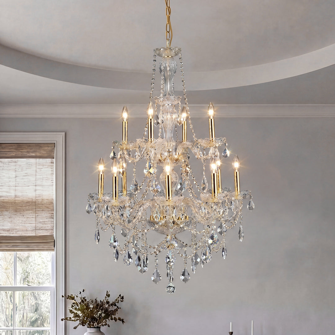 12 light Gold Chandelier Clear Royal Cut Crystal Gold Finish - LIGHTING by Joshua Marshal