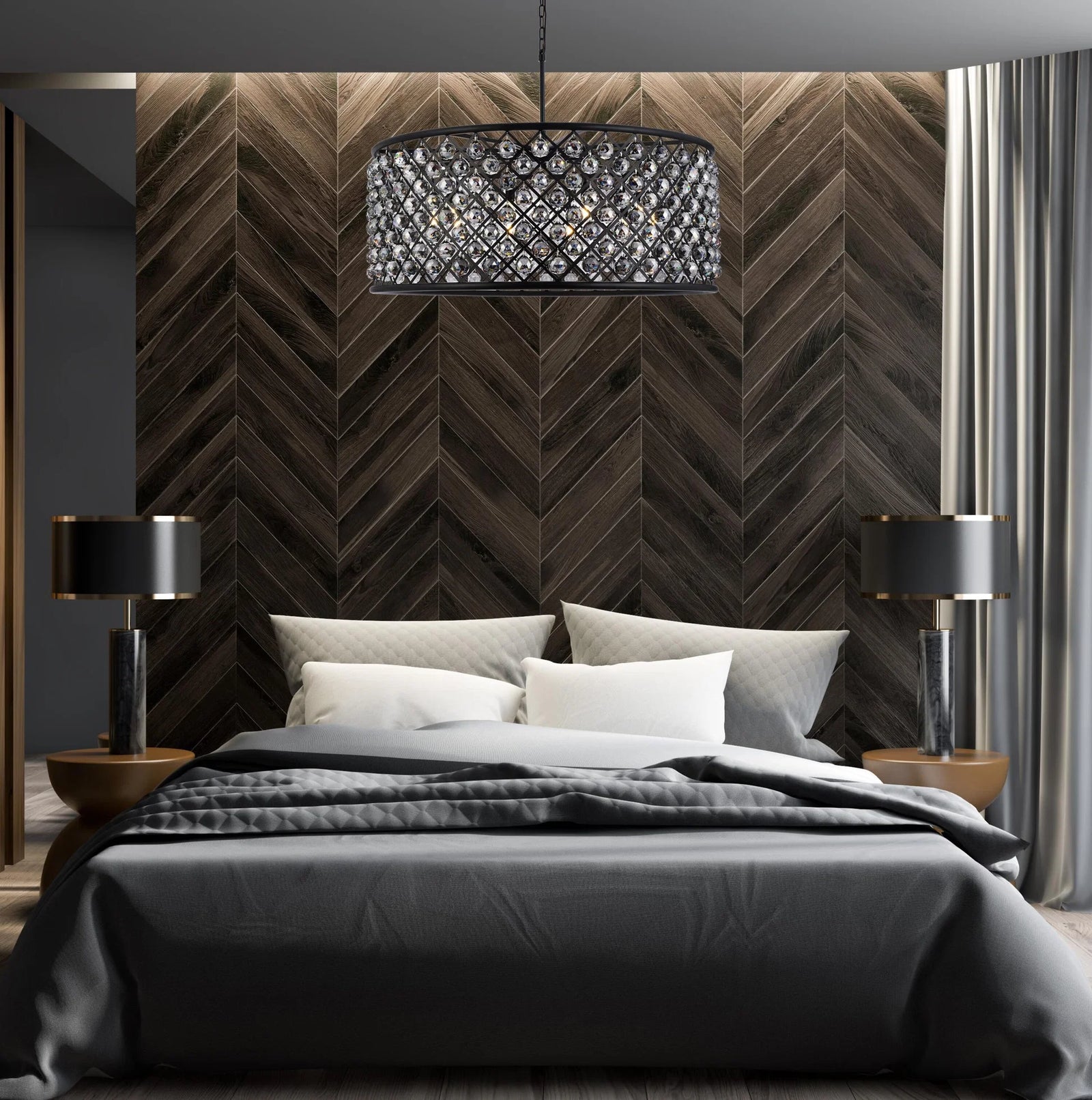 10 light Matte Black Chandelier Silver Shade (Grey) Royal Cut Crystal - View 2 - Joshua Marshal