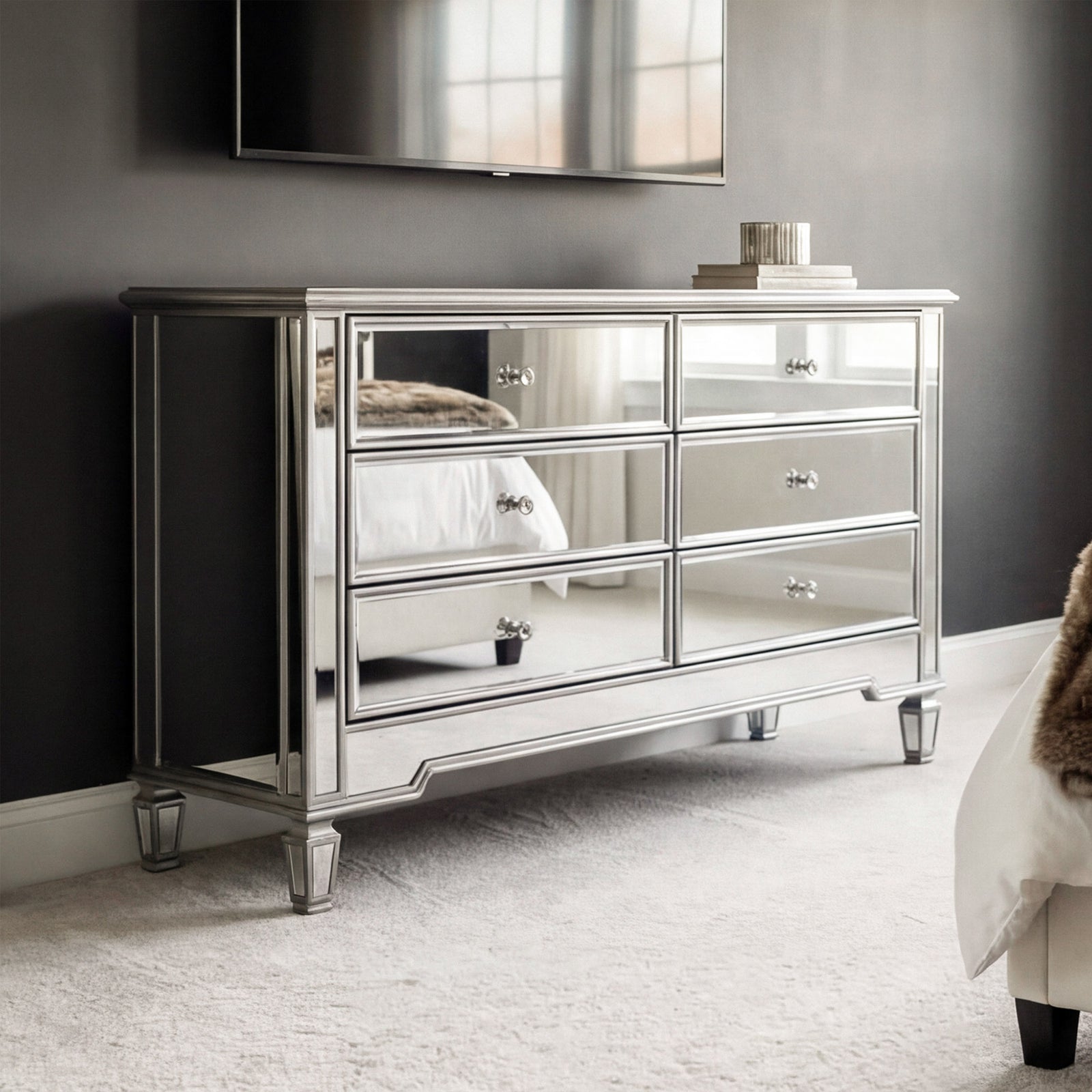 6 Drawer Dresser 48 In. X 18 In. X 32 In. In Silver Paint Hand Rubbed Antique Silver Finish - FURNITURE by Joshua Marshal
