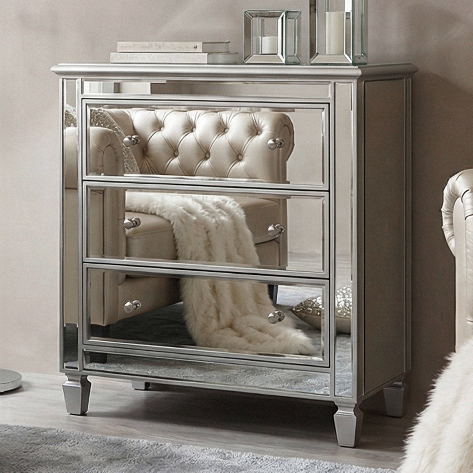 3 Drawer Bedside Cabinet 33 In.X 18 In.X 32 In. In Silver Paint Hand Rubbed Antique Silver Finish - FURNITURE by Joshua Marshal
