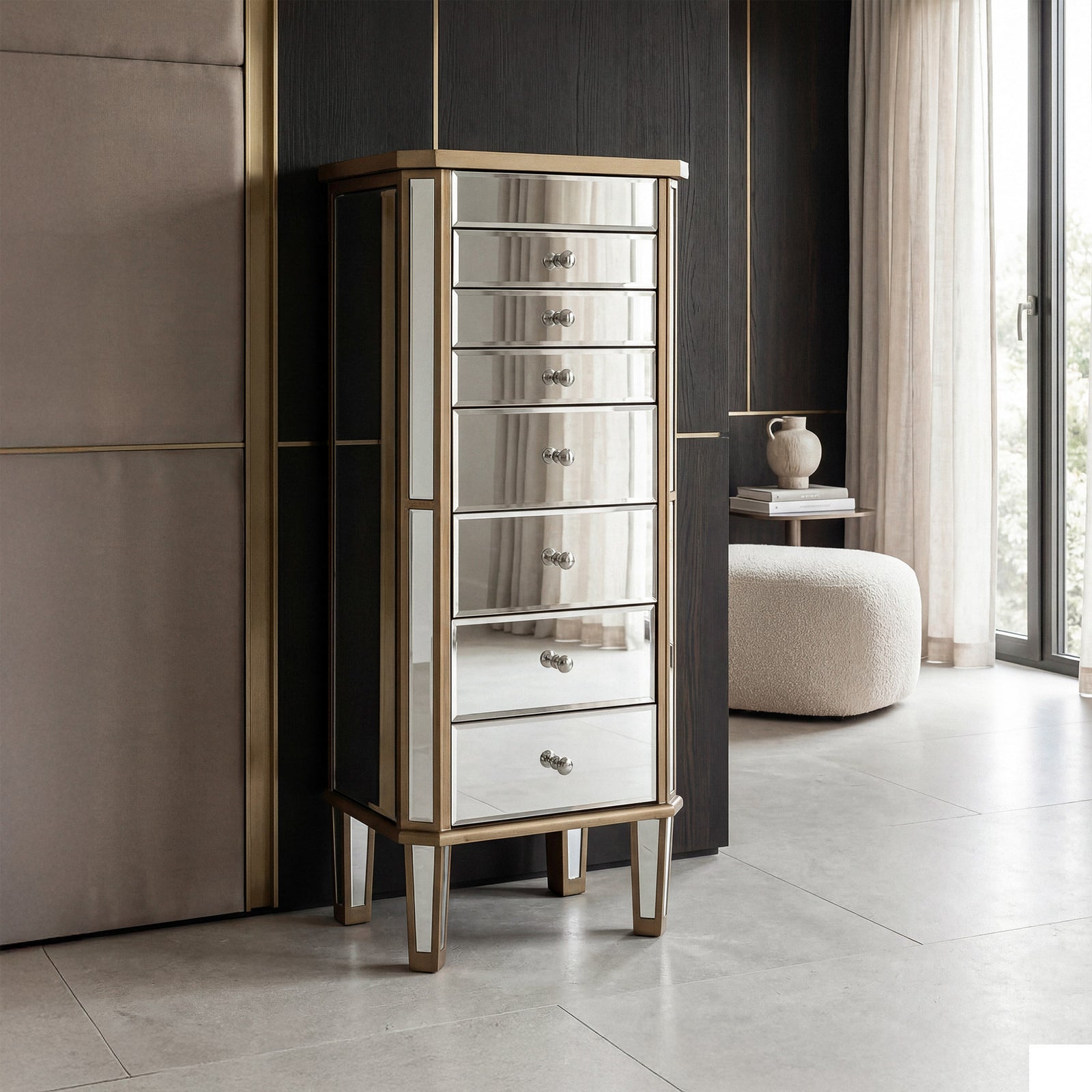 7 Drawer Jewelry Armoire 18 In. X 12 In. X 41 In. In Gold Clear Hand Rubbed Antique Gold Finish - FURNITURE by Joshua Marshal