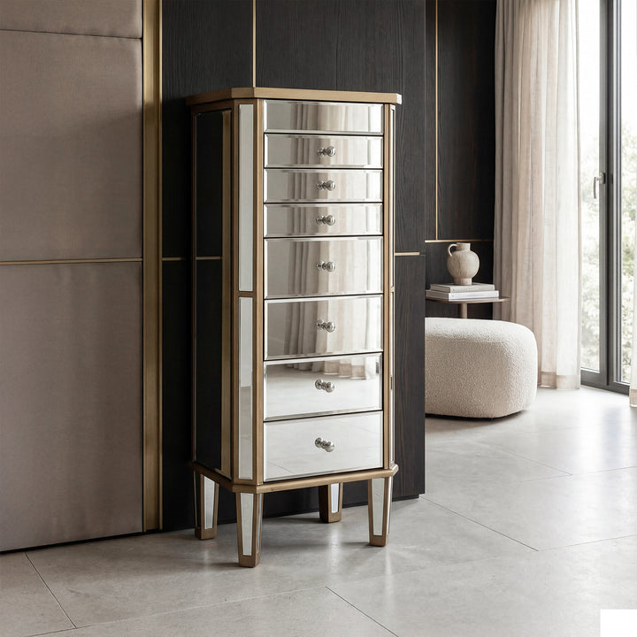 7 Drawer Jewelry Armoire 18 In. X 12 In. X 41 In. In Gold Clear Hand Rubbed Antique Gold Finish - FURNITURE by Joshua Marshal