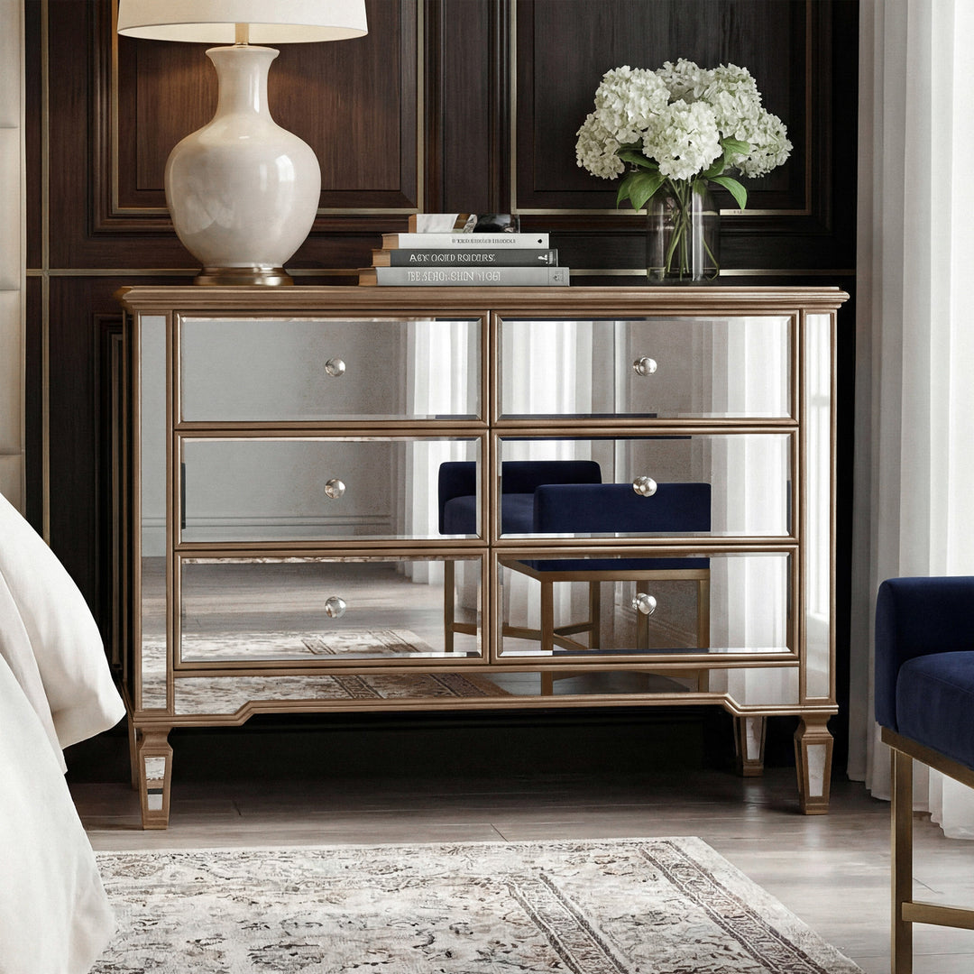 6 Drawer Dresser 48 In. X 18 In. X 32 In. In Gold Paint Hand Rubbed Antique Gold Finish - FURNITURE by Joshua Marshal