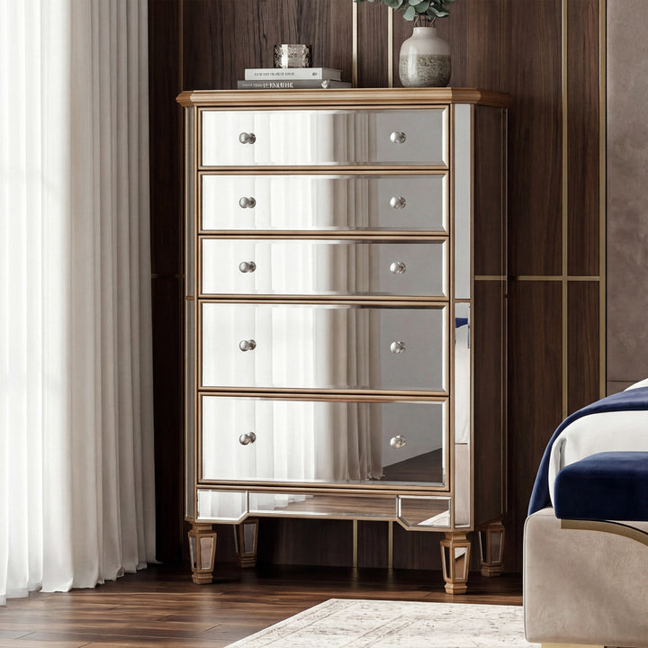 5 Drawer Cabinet 33 In. X 16 In. X 49 In. In Gold Paint Hand Rubbed Antique Gold Finish - FURNITURE by Joshua Marshal