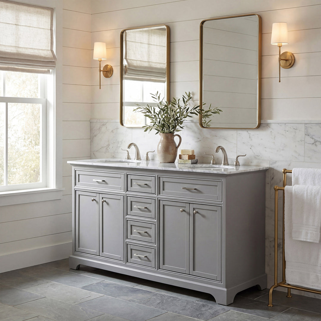 60 In. Double Bathroom Vanity Set In Light Grey - View 2 - Joshua Marshal
